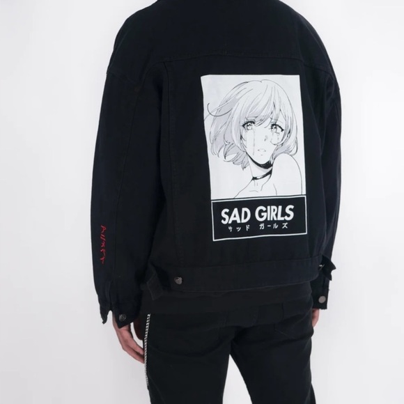 Animebae Collection Sad Girls Art Denim Jean Jacket Black Size Large Unisex Mens - Picture 1 of 10